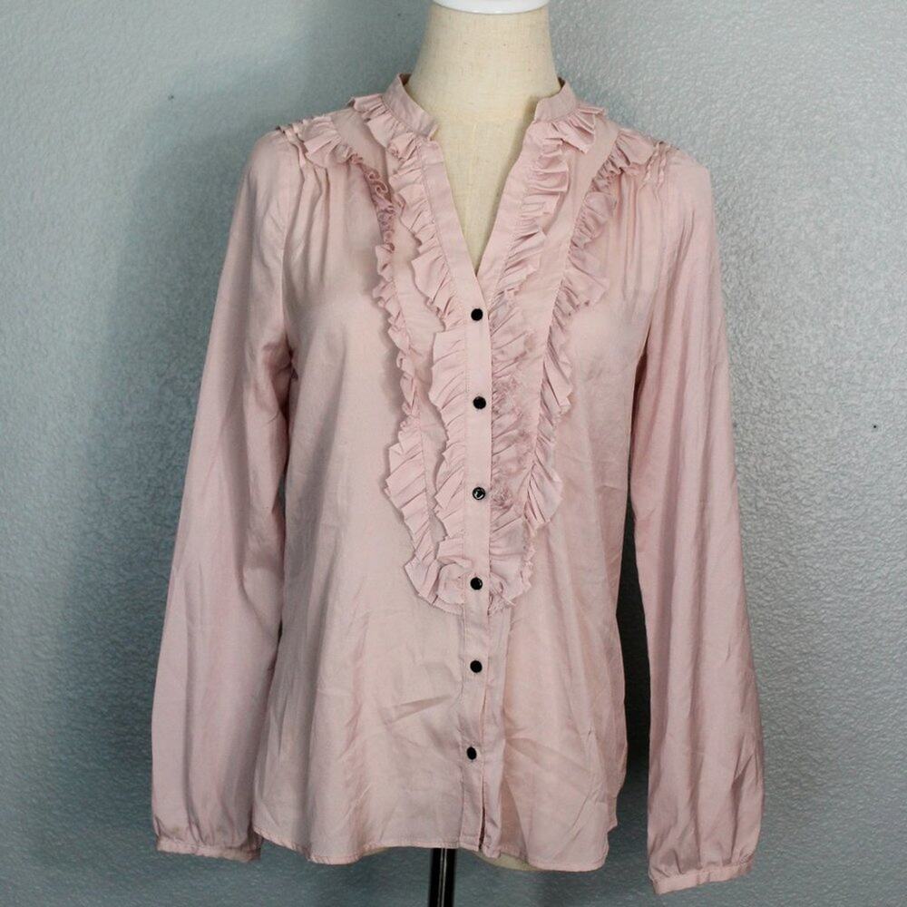 ZARA Basic Long Sleeve Ruffled Front Button Down Pleated Pink Blouse Size S